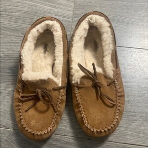 UGG Tan Slippers with Plush White Interior